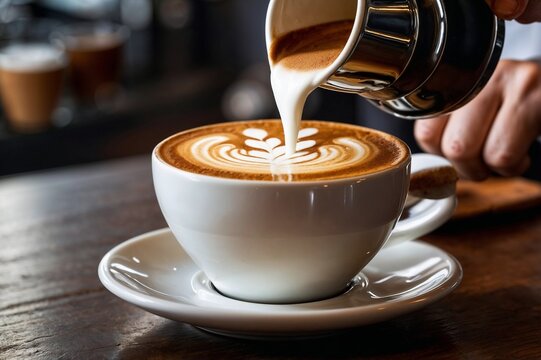 Barista pouring milk for latte art in white ceramic cup on wooden table