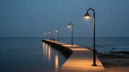 Illuminated wooden pier extending into calm waters under a twilight sky