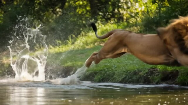Majestic lion leaps into a forest river in sunny daylight