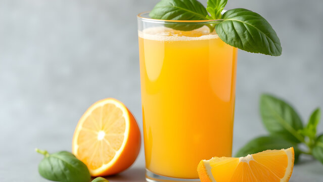 Orange juice with fresh basil leaves on a gray background