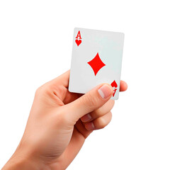 Holding a lucky ace of diamonds card with fingers, showcasing the elegance and thrill of a good card in hand for winning the game or trick.