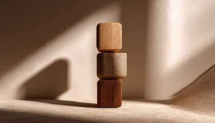Three light brown and beige wooden cubes stacked vertically, bathed in warm sunlight, casting shadows on a beige surface