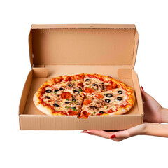 A delicious pizza in a cardboard box held by two hands. The pizza has a variety of toppings, including pepperoni, olives, and tuna.