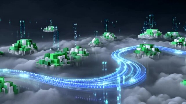 Digital network landscape with cube-shaped structures.