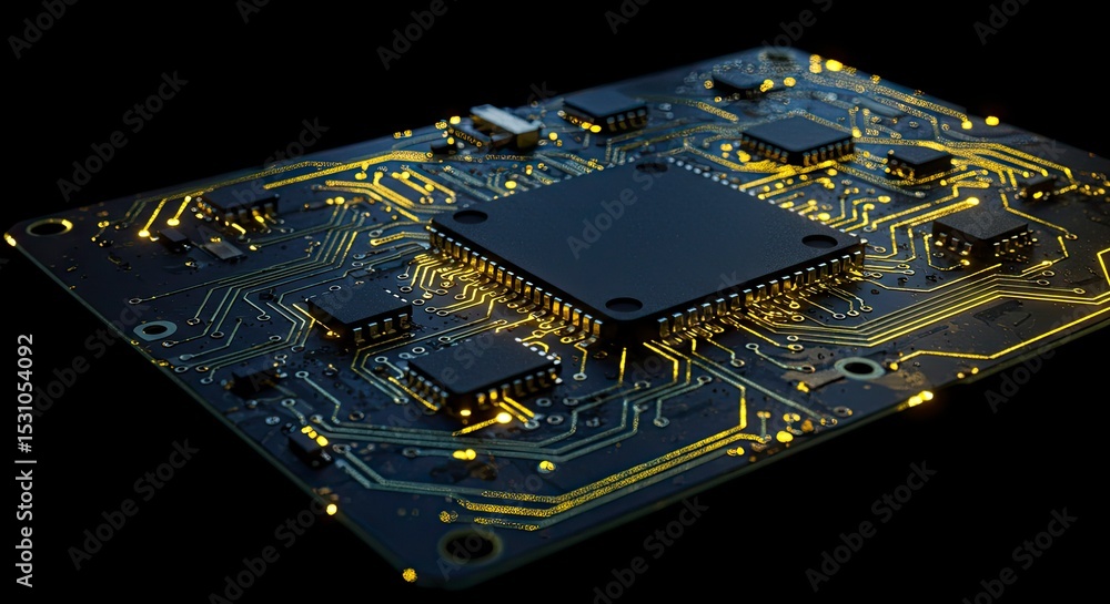 Poster close up view of a circuit board with glowing yellow lines against a black background