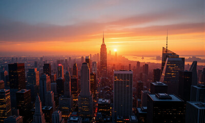 Fototapeta premium Aerial view of sunset over cityscape skyline