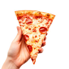 A hand holds a slice of pepperoni pizza with cheese, tomato sauce, and a delicious crust. The perfect snack.