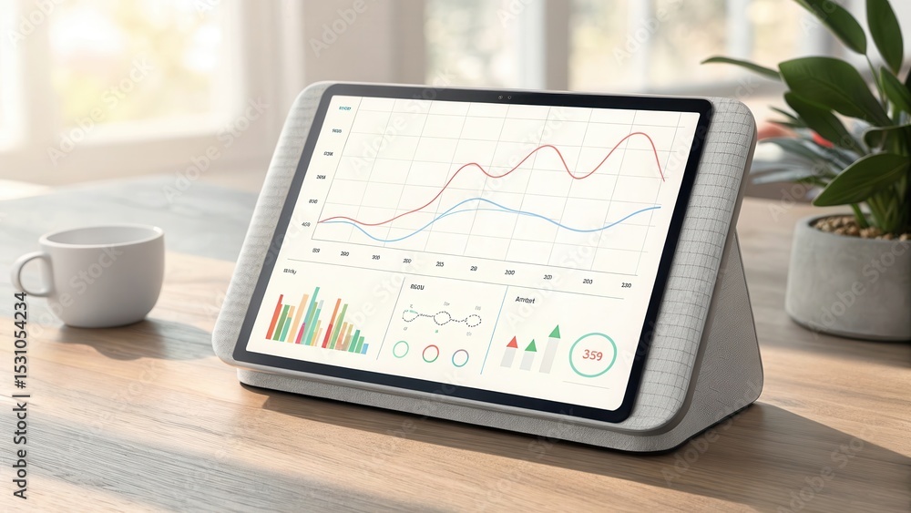 Poster digital health solutions for healthcare. modern tablet displaying graphs on wooden table with coffee