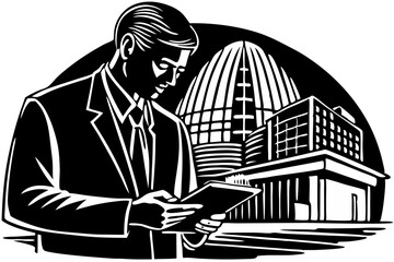 Businessman Reviewing Documents in Front of Modern Office Building, businessman, office, building, documents, reviewing, sales, visual, review, report, planning, leadership, vision, deal, contract, pi