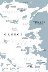 Greek North Aegean Islands, gray political map. The Northeastern Aegean Islands do not form a physical chain or group, but are frequently grouped together for tourist or administrative purposes.