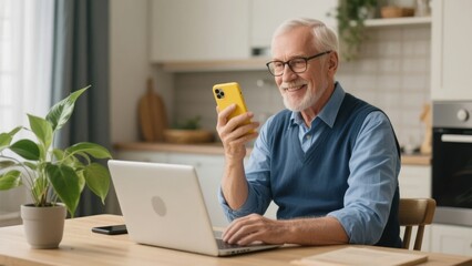 Senior man using a smartphone and laptop at home