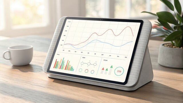 Digital Health Solutions for Healthcare. Modern tablet displaying graphs on wooden table with coffee cup and plant.
