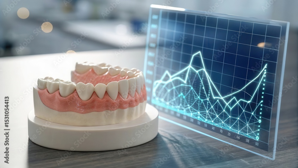Poster digital health solutions for healthcare. dental model with data visualization chart on a table.