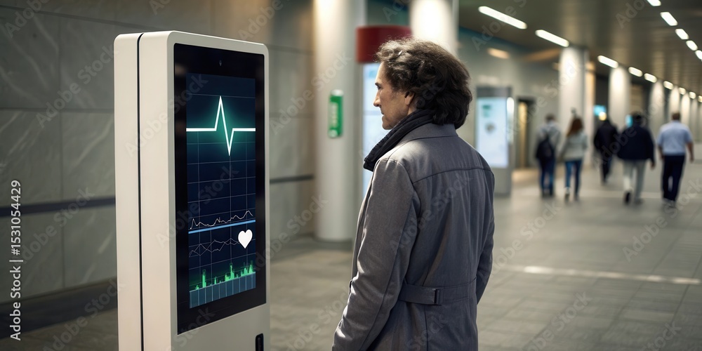 Aufkleber digital health solutions for healthcare. man interacting with a digital display in a transit setting