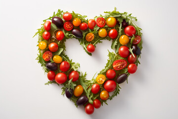 Heart-Shaped Arrangement of Colorful Cherry Tomatoes, Kalamata Olives, and Fresh Arugula on White Background