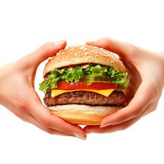 Close-up of a juicy burger held by two hands, featuring fresh lettuce, tomato, cheese, and a sesame seed bun. A delightful culinary experience.