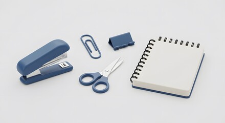Stylish Blue Office Supplies Stapler, Scissors, Notebook, and Paperclips