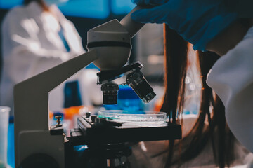 Scientist pipetting medical samples into microplate in laboratory