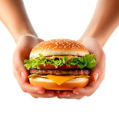 A poised pair of hands gently present a freshly crafted burger, its vibrant layers promising a symphony of flavors and textures.