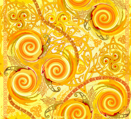 Fantasy drawing with ancient Celtic motifs, Celtic knot and golden triple spiral symbols Seamless pattern ornament. Background for design, fabric, mural wallpaper. Hand drawn vector illustration.