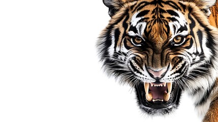 Obraz premium Roaring Tiger with Sharp Teeth Against White Background Close Up