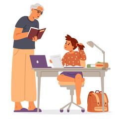 Grandfather helping with homework to granddaughter at home flat vector illustration isolated on white. Primary school girl studying at home sitting at desk.