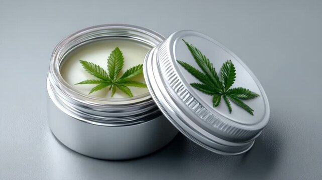 Microdose Cannabis Concept ,Natural Wellness Skincare Moisturizing Cream in Silver Container with Cannabis Leaves for Healthy Skin