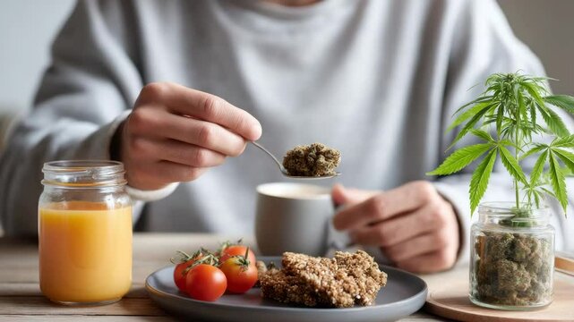 Microdose Cannabis Concept ,Healthy breakfast meal with cannabis, fresh tomatoes, and juice for nutritious start to day.