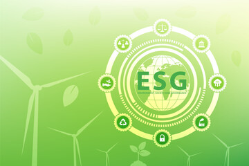 ESG environment society governance concept with green earth, wind turbines, and icons