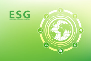 ESG environment society governance concept with globe, icons, green background, sustainability