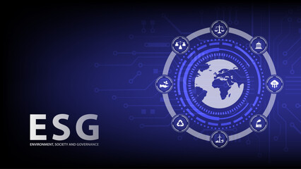 ESG environment society governance concept with digital earth, icons, and technology background