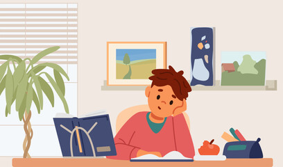 Primary school boy studying sitting at desk and reading textbook in his room flat vector illustration.