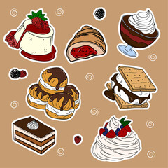 Sweet bakery goods set collections with various types of baking products and confectionery. Bakery shop and cafeteria restaurant decoration 