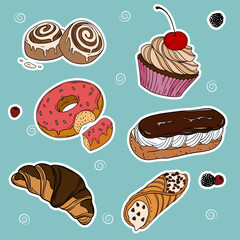 Sweet bakery goods set collections with various types of baking products and confectionery. Bakery shop and cafeteria restaurant decoration 