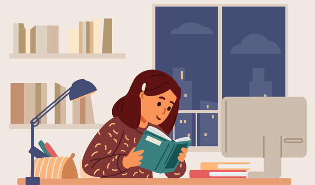 School girl studying at home sitting at desk in her room reading flat vector illustration. Primary school kid studying online or homeschooling.
