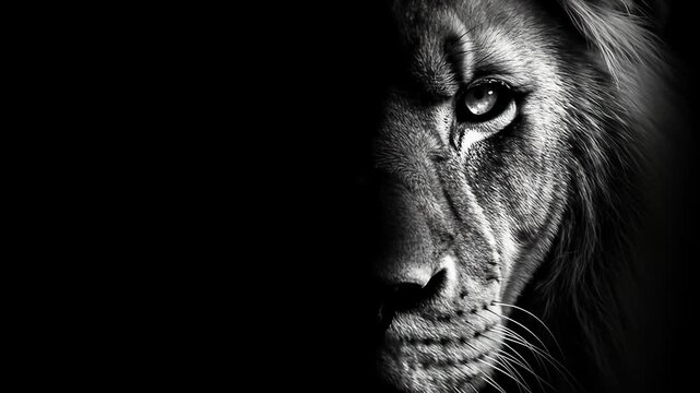 Monochrome artistic portrayal depicting half a lions face with detailed fur and a penetrating gaze on a black background