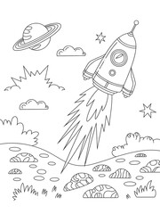 Black and White Line Art Rocket Launching Coloring Page Space Scene Kids Activity Book Illustration spaceship