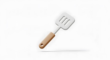 A 3D render of a slotted kitchen spatula with a wooden handle, depicted as a minimalist icon floating on a white background. Culinary tool concept.