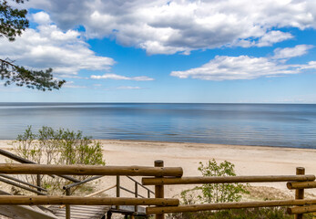 A wooden ecological trail leading through a pine forest and out to the Baltic Sea coast in Latvia.	
