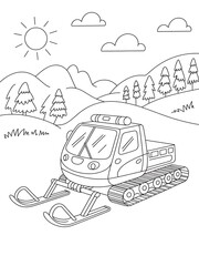 Black and White Line Art Snowmobile in Snowy Mountain Landscape Kids Coloring Page snowcat winter