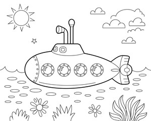 Black and White Line Art Submarine Coloring Page Ocean Scene Sun Clouds Flowers Seaweed Kids Activity