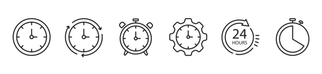 Time and clock icons set, stopwatch, timer, time management concept, progress bar loading signs, speed clock symbol, fast stopwatch line icon, watch icon