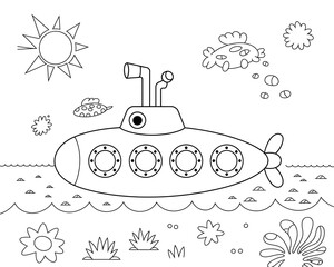 Black and White Line Art Submarine Coloring Page Underwater Scene Sun Fish Seaweed ocean