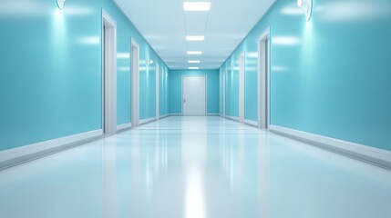 A pristine and brightly lit turquoise hallway exudes minimalism, showcasing clean lines and a sense of spaciousness, evoking tranquility and modernity in design.