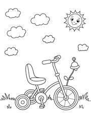Black and White Line Art Tricycle Coloring Page Kids Sunny Day Clouds Simple Childrens Toy Vehicle trike