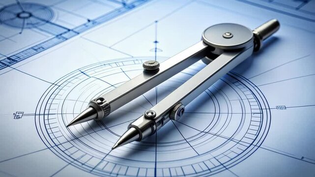 Close-up of a metal compass tool drawing precise circles and lines on a blueprint, architectural design, and technical drawing concepts.
