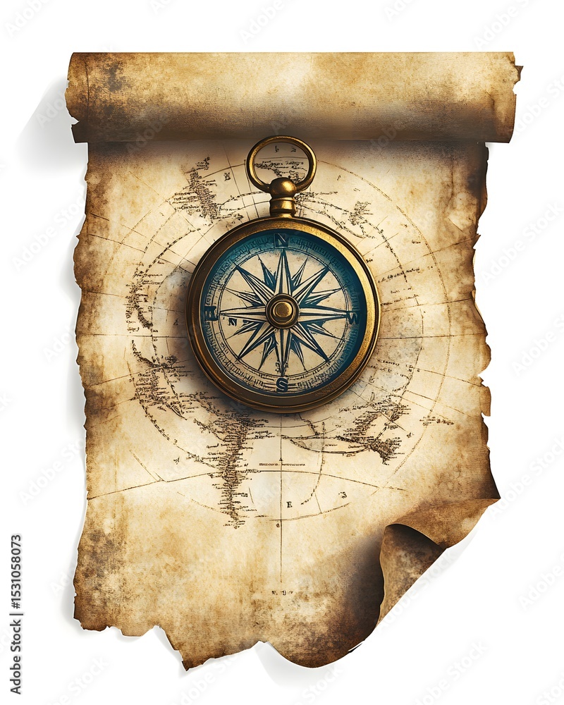 Poster antique map scroll with vintage compass isolated on white background. the compass features a detaile