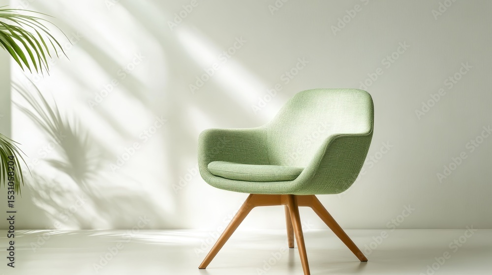 Poster this image features a stylish green chair in a modern minimalist setting with soft light and shadows