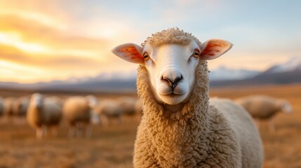 Fototapeta premium A fluffy sheep stands proudly in a serene pastoral landscape, showcasing its confidence amidst a flock, beautifully illuminated by the golden light of sunset.