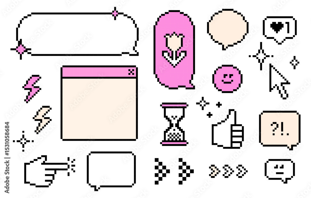 Poster set of retro speech bubbles and icons in pixel art style. 8bit digital chic emoji in pink. pixel dia